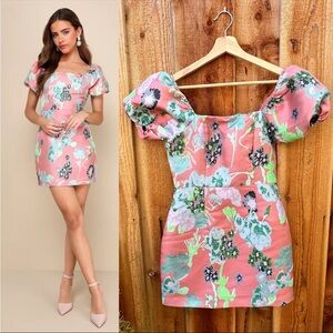 🌿 Coral Pink Multi Floral Jacquard Puff Sleeve Mini Dress 🌿